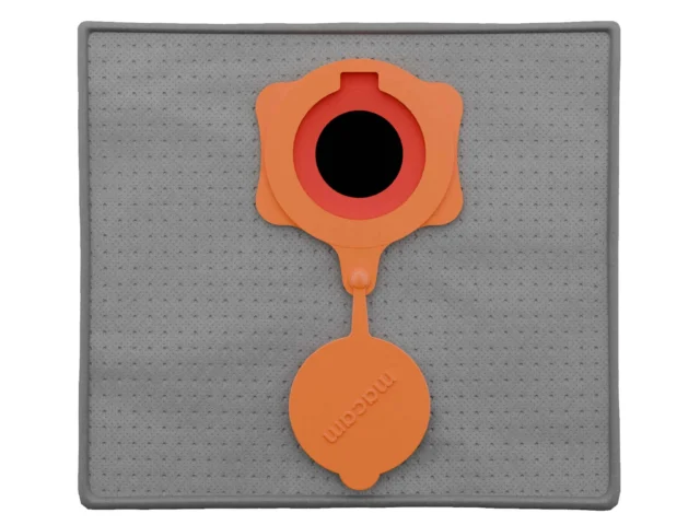 Orange and red Macam reusable dust bag for FEIN Turbo extractors displayed on gray foam insert
