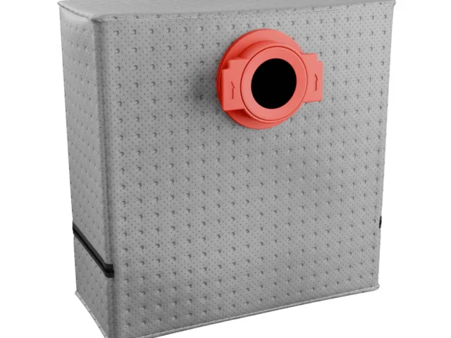 Gray polyester reusable dust bag with red plastic collar and circular opening, designed for Milwaukee M18 Fuel Nexus vacuums