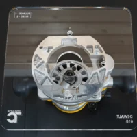 10-inch square clear acrylic router base plate mounted on a Dewalt DW618 plunge router, viewed from above