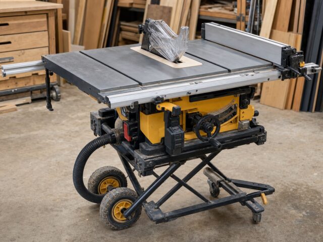 Editorial illustration of a portable jobsite table saw with dust collection in a woodworking shop