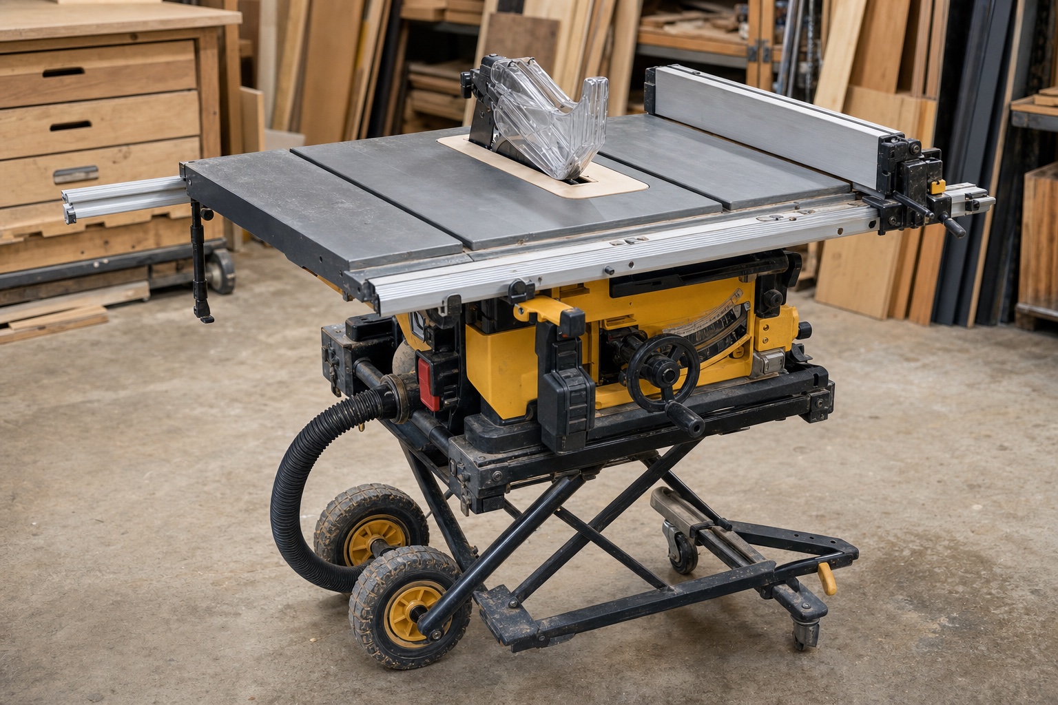 Editorial illustration of a portable jobsite table saw with dust collection in a woodworking shop
