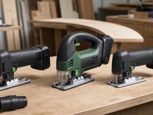 Three generic cordless jigsaws with barrel and bow handles on a woodworking bench