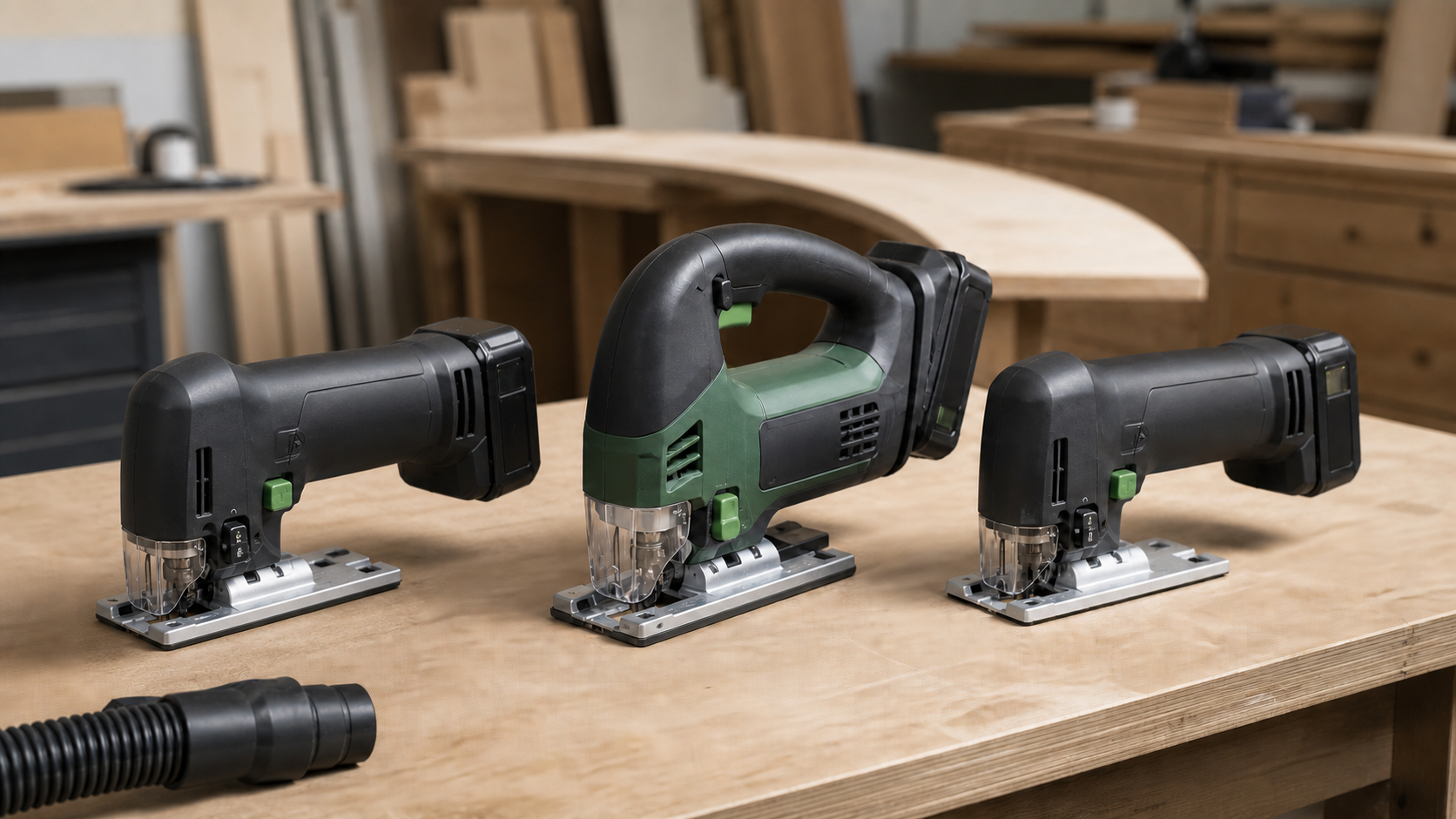 Three generic cordless jigsaws with barrel and bow handles on a woodworking bench