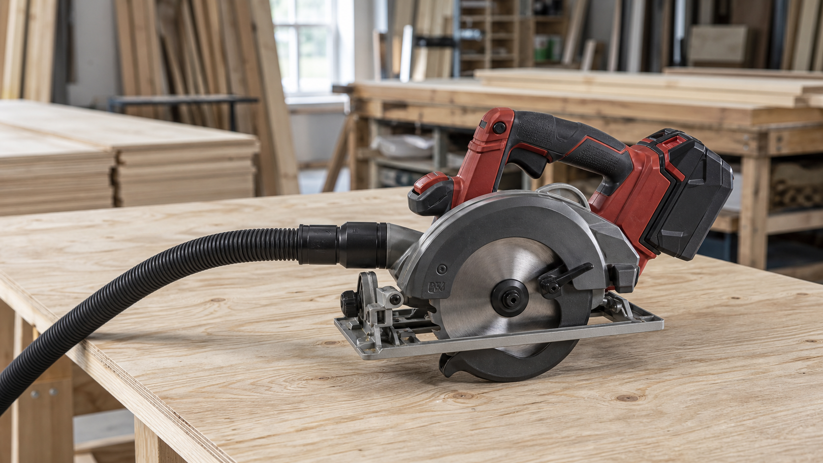 Generic cordless rear-handle circular saw connected to a dust-extraction hose on a plywood workbench