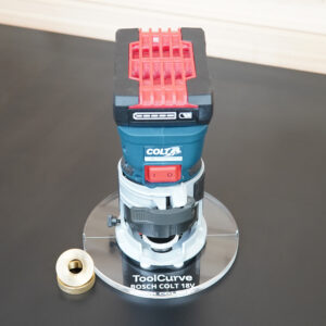 6-inch round clear acrylic base plate mounted on a Bosch Colt 18V router, with a brass guide bushing shown separately to the left