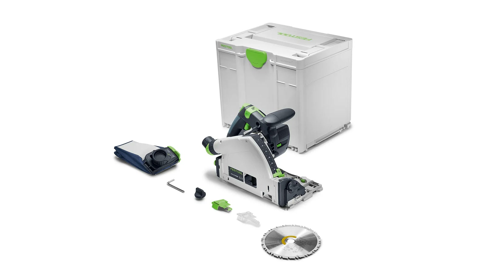 Festool TSC 55 KS cordless track saw with Systainer, dust bag, blade, and included accessories