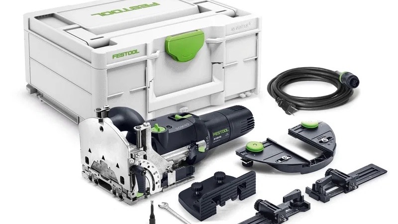 Festool DOMINO DF 500 RQ-Set with joiner, Systainer, power cord, support bracket, trim stop, and cross stop