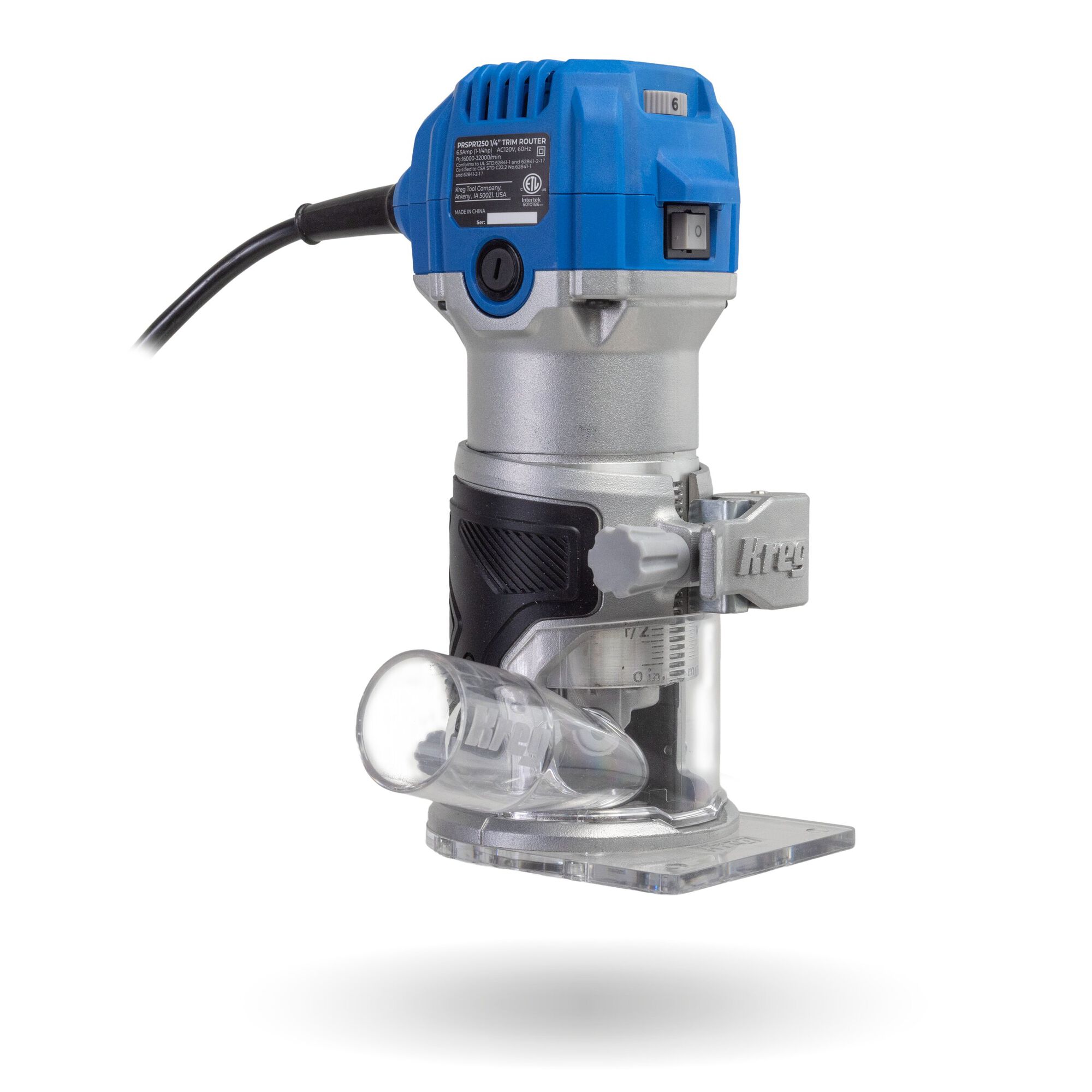 Kreg PRSPR125 corded trim router with its clear base and dust adapter installed