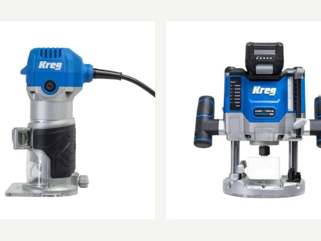Kreg PRSPR125 corded trim router beside a Kreg KPTBPR225B 20V plunge router