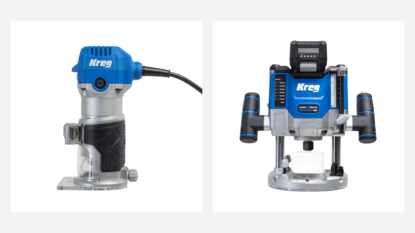 Kreg PRSPR125 corded trim router beside a Kreg KPTBPR225B 20V plunge router